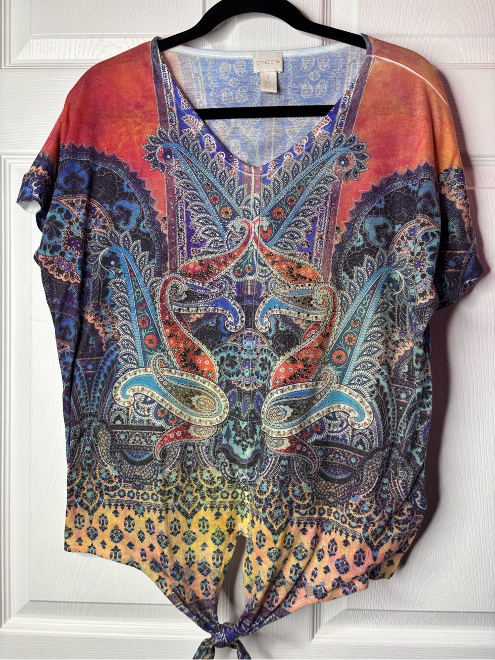 Chico's Multicolor Paisley Tie-Front V-Neck Top - Blue, Orange, Yellow, Purple